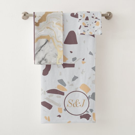 Terrazzo-Marmormuster mit goldfarbenen, benutzerde Badhandtuch Set (Insitu)