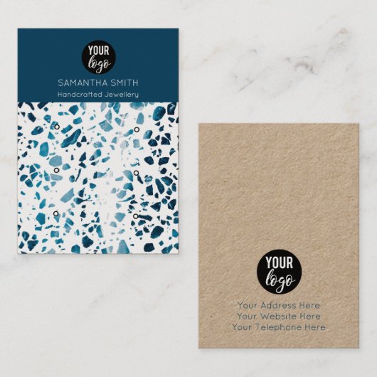 Terrazzo Mosaic Blue 3 Stud Earring Display Card Visitenkarte (Vorne/Hinten)