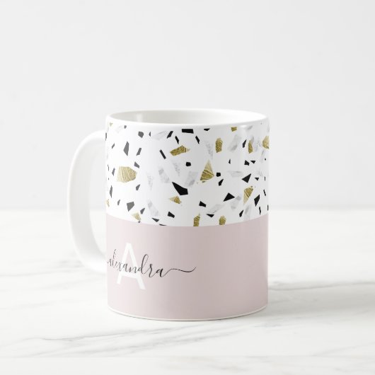 Terrazzo-Muster in Beige und Goldfolie Kaffeetasse (Vorderseite Links)