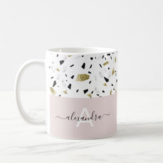 Terrazzo-Muster in Beige und Goldfolie Kaffeetasse (Links)