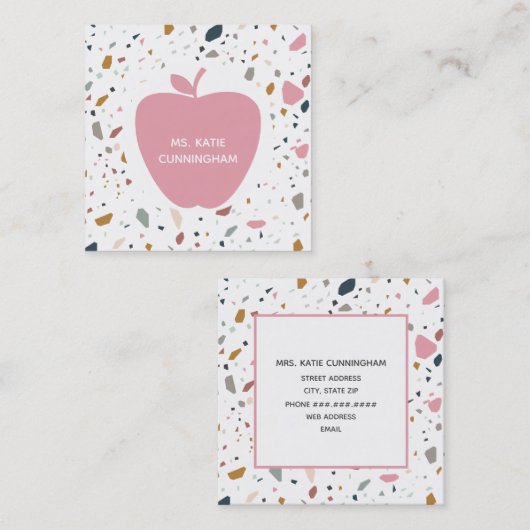 Terrazzo Muster rosa Apfellehrer Quadratische Visitenkarte (Vorne/Hinten)