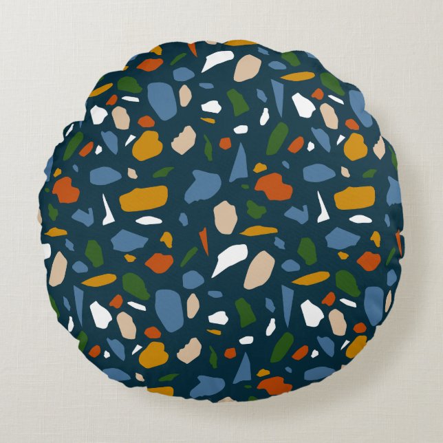 Terrazzo Pattern Blue Rundes Kissen (Vorderseite)
