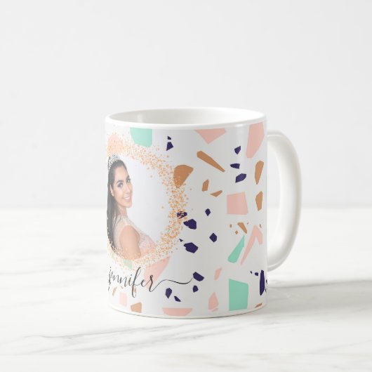 Terrazzo Rose Goldminze, weißer Foto Kaffeetasse (VorderseiteRechts)