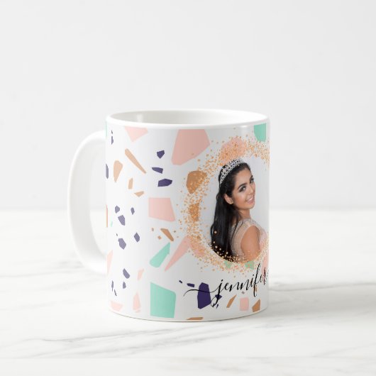 Terrazzo Rose Goldminze, weißer Foto Kaffeetasse (Vorderseite Links)