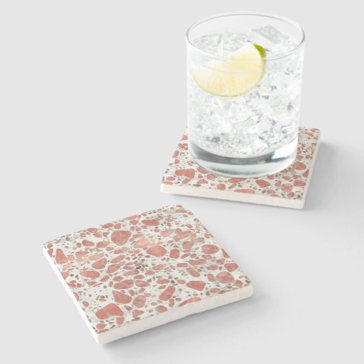 Terrazzo - Rosenquarz und -gold auf Marmor #1 Steinuntersetzer (Seitenansicht)