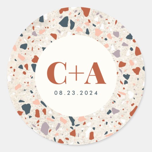 Terrazzo Slab Wedding Monogram und Date Runder Aufkleber (Vorderseite)