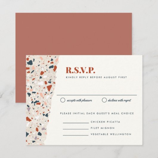 Terrazzo Slab Wedding RSVP Card Karte (Vorne/Hinten)