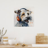 Terrier hört orangefarbene Kopfhörer Poster (Küche)