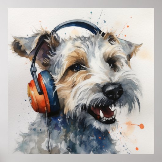 Terrier hört orangefarbene Kopfhörer Poster (Vorne)
