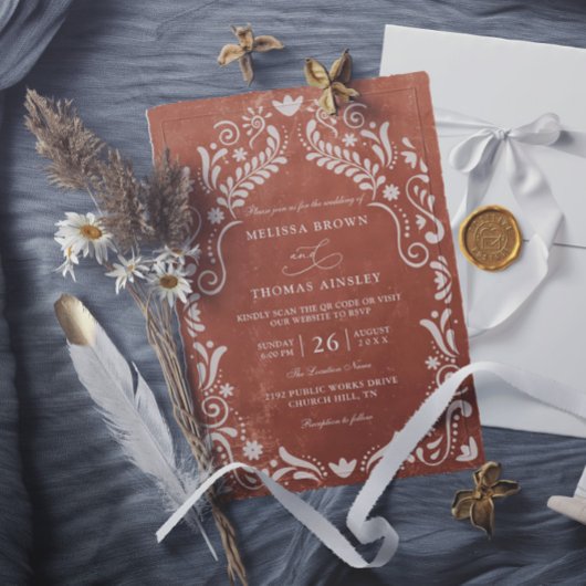 Terrocotta Papel Picado Budget QR Code Wedding Einladung