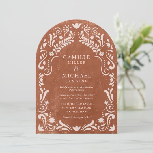 Terrocotta Papel Picado Mexican Wedding Einladung (Stehend Vorderseite)