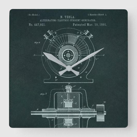 Tesla AC Motor Blueprint Clock Quadratische Wanduhr (Vorderseite)