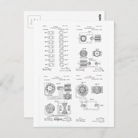 Tesla Elecro-Magnet Motorpatent US381968 p 1-4 Postkarte (Vorne/Hinten)
