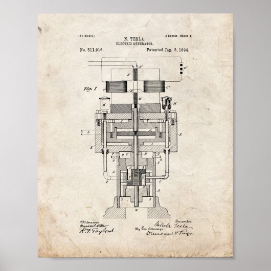 Tesla Electric Generator Patent - Old Look Poster (Vorne)