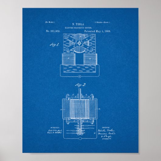 Tesla-Electro-Magnetmotorpatent - Blueprint Poster (Vorne)