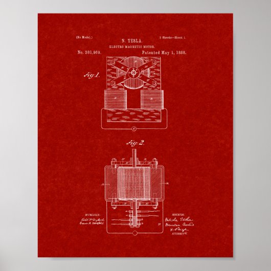 Tesla Electro-Magnetmotorpatent - Burgund Rot Poster (Vorne)