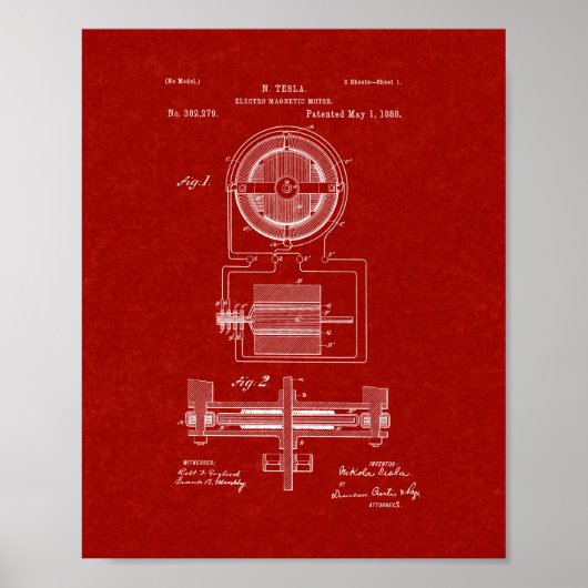 Tesla Electro-Magnetmotorpatent - Burgund Rot Poster (Vorne)