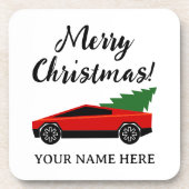 Tesla pickup truck carrying a Christmas tree Getränkeuntersetzer (Vorderseite)