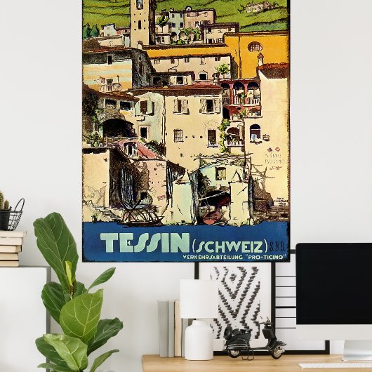 Tessin-Häuser vor dem Stadthafen, Schweiz Poster (Heimbüro)