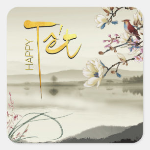 Tet Hoa Anh Dao Vietnamese NewYear SqS Quadratischer Aufkleber