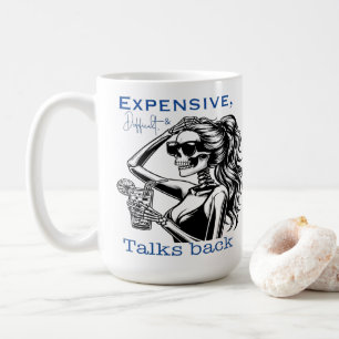 teuer, schwierig und die Gespräche zurückgehen Kaffeetasse