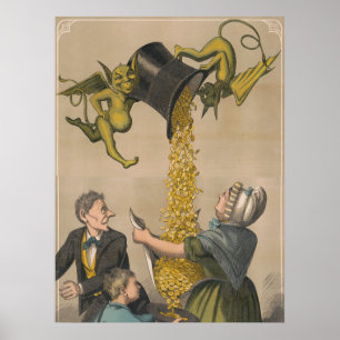 Teufel schütten Goldmünzen in die Schürze einer Fr Poster