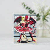 Teufel tanzt mit einer Frau in einem roten Blumenk Postkarte (Stehend Vorderseite)