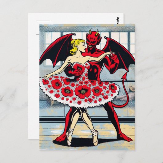 Teufel tanzt mit einer Frau in einem roten Blumenk Postkarte (Vorne/Hinten)