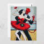 Teufel tanzt mit einer Frau in einem roten Mohnkle Postkarte (Vorne/Hinten)