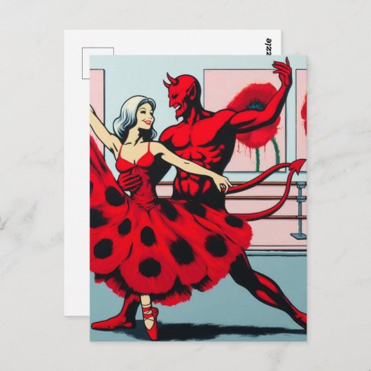 Teufel tanzt mit einer Frau in einem roten Mohnkle Postkarte (Vorne/Hinten)