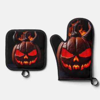 Teufels-Kürbis-Kronen-Halloween-Handschuh-Set Ofenhandschuh & Topflappen-Set