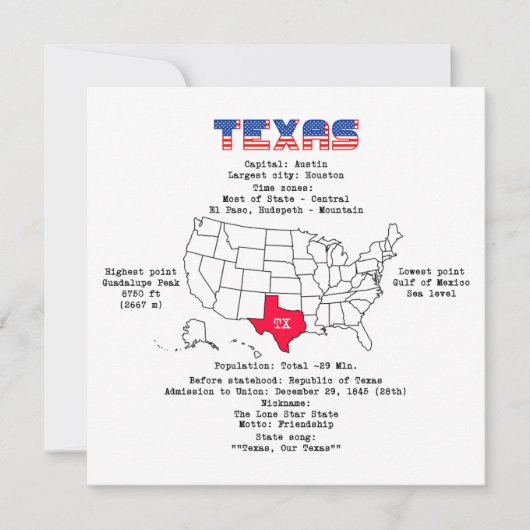 Texas American Staat auf der Karte und nützliche I (Vorderseite)