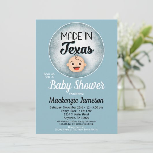 Texas Baby Shower Funny Blue Boys Einladung (Stehend Vorderseite)