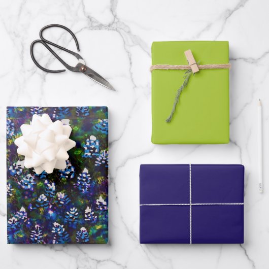 Texas Blue Bonnet Blitz Design Navy Blue/Green Geschenkpapier Set (Vorderseite)