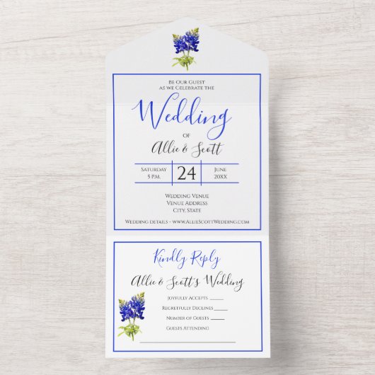 Texas Bluebonnet Blume, Moderne Hochzeit All In One Einladung (Innen)