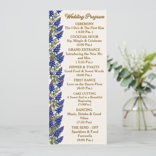 Texas Bluebonnet Florales Hochzeitsprogramm Programm (Stehend Vorderseite)