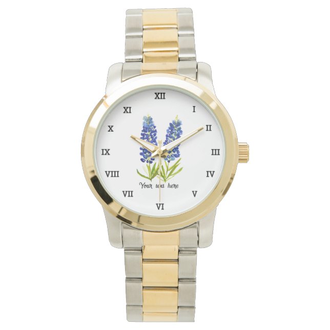 Texas bluebonnets Blue Floral Watercolor Texan Armbanduhr (Vorderseite)
