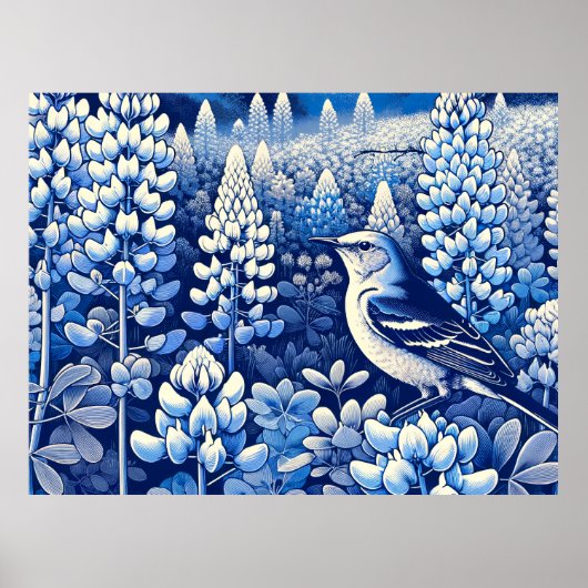 Texas Bluebonnets und Northern Mockingbird Texan Poster (Vorne)