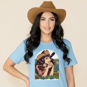 Texas Bluebonnets Vintage Braunhaariges Cowgirl-Sh T-Shirt