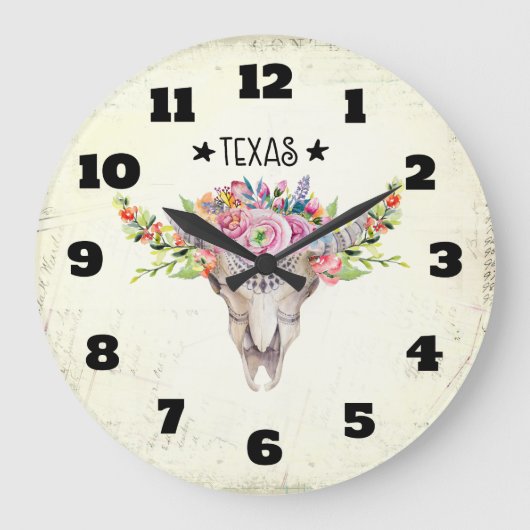 Texas Boho Kuhschädel mit Blume Chic Trendy Große Wanduhr (Vorderseite)