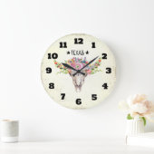 Texas Boho Kuhschädel mit Blume Chic Trendy Große Wanduhr (Zuhause)