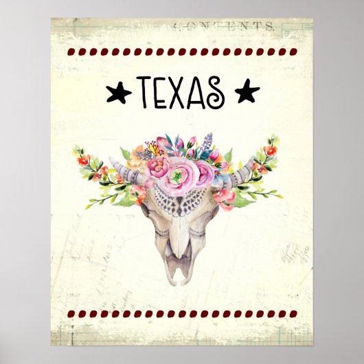 Texas Boho Kuhschädel mit Blume Chic Trendy Poster (Vorne)