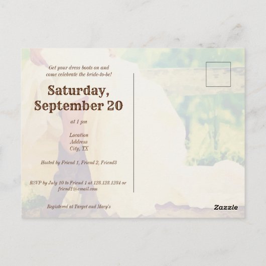 Texas Bride in Boots Bridal Dusche Einladung Post Postkarte (Rückseite)