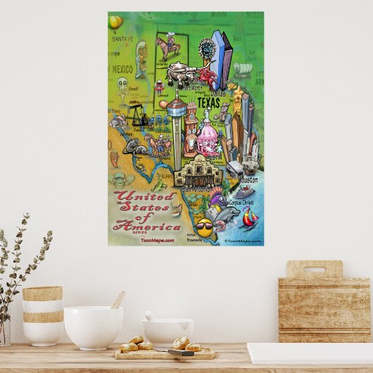 Texas Cartoon Map Poster (Küche)
