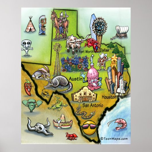 Texas Cartoon Map Poster (Vorne)