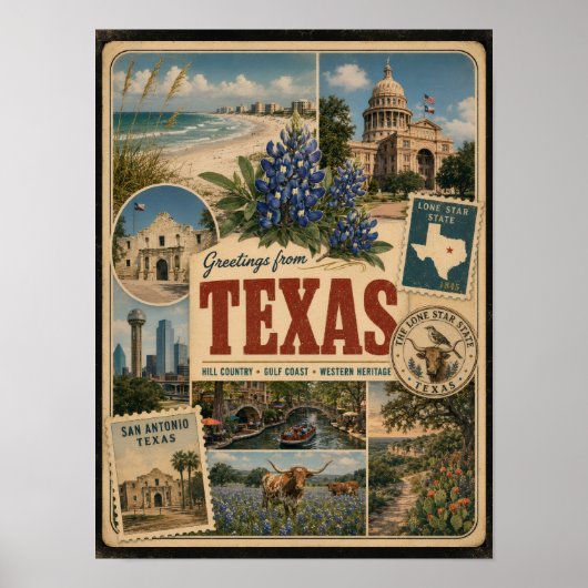 Texas Echtes Vintage-Style Postkarte Poster (Vorne)