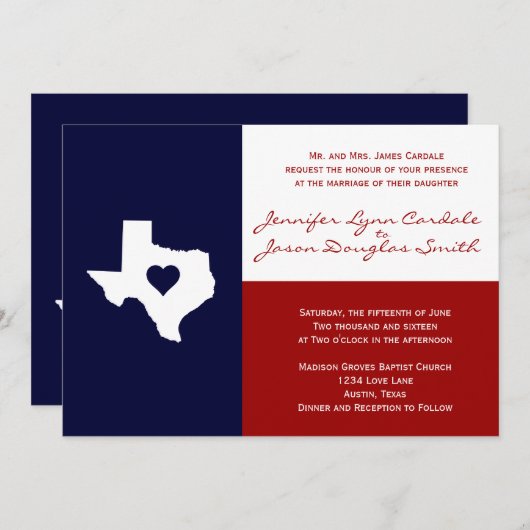Texas Flag Thema Hochzeit Einladung Rot Weiß Blau (Vorne/Hinten)