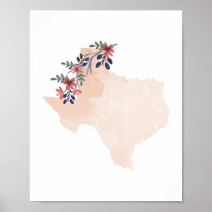 Texas Floral Watercolor Staat Poster