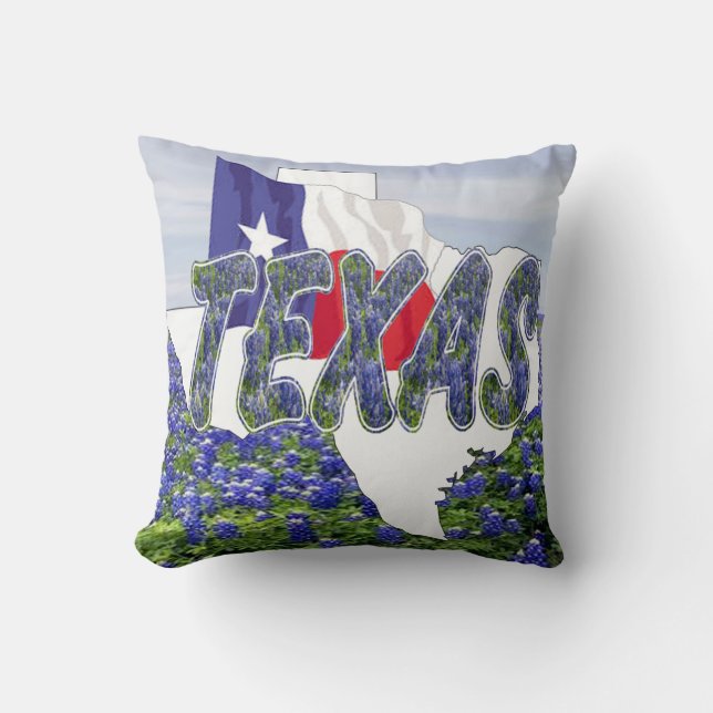 Texas-Form-Texas Flagge und Bluebonnets Kissen (Vorderseite)