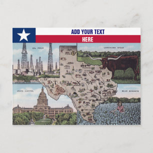 Texas Greetings Postcard - Staat Map & Views Postkarte